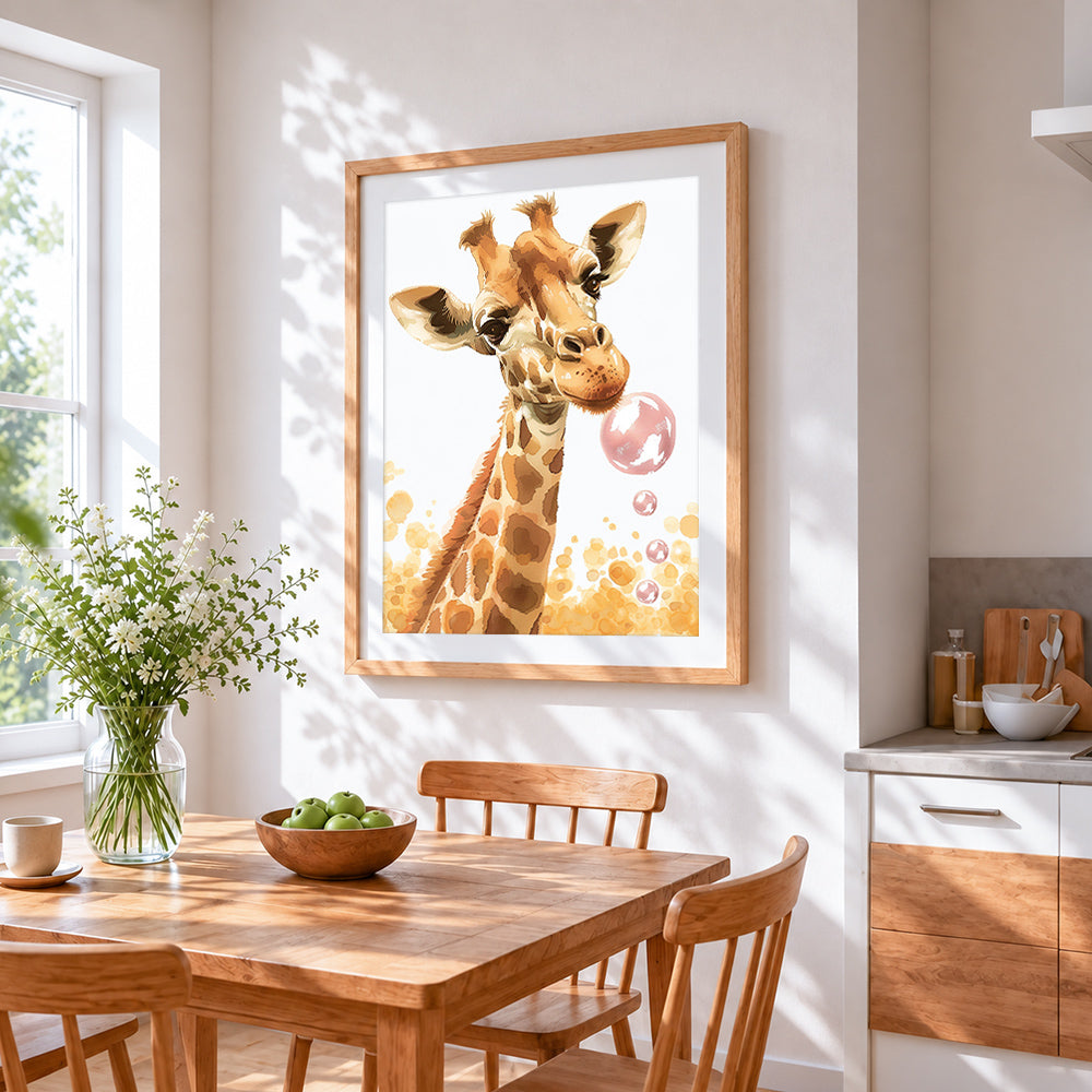 Giraffe blowing bubbles cross stitch artwork displayed on wall as home decor
