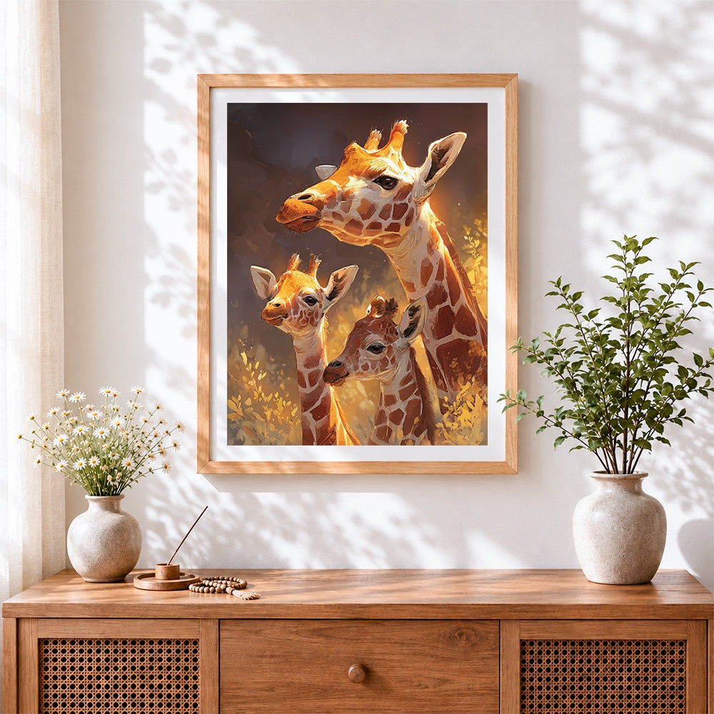 Finished giraffe family in the golden light cross stitch artwork displayed