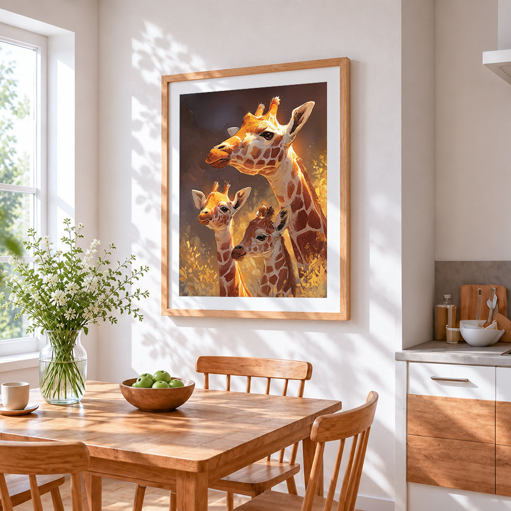 Giraffe family in the golden light cross stitch artwork displayed on wall as home decor