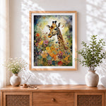 Finished giraffe in a colourful floral garden cross stitch artwork displayed