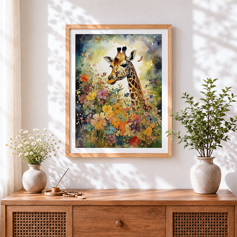 Finished giraffe in a colourful floral garden cross stitch artwork displayed