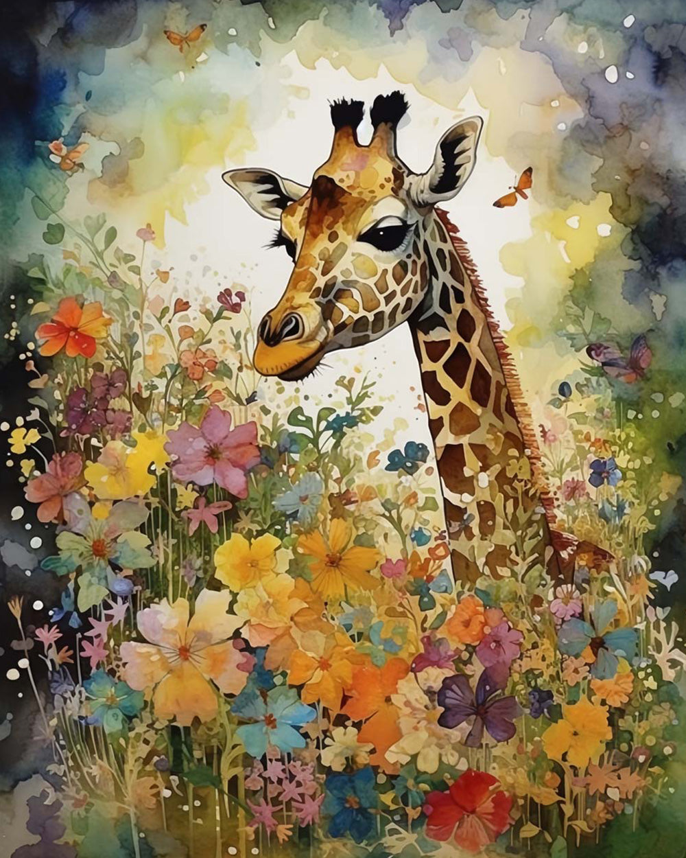 Giraffe in a colourful floral garden cross stitch kit for beginners