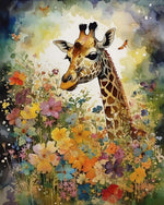 Giraffe in a colourful floral garden cross stitch kit for beginners