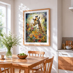 Giraffe in a colourful floral garden cross stitch artwork displayed on wall as home decor