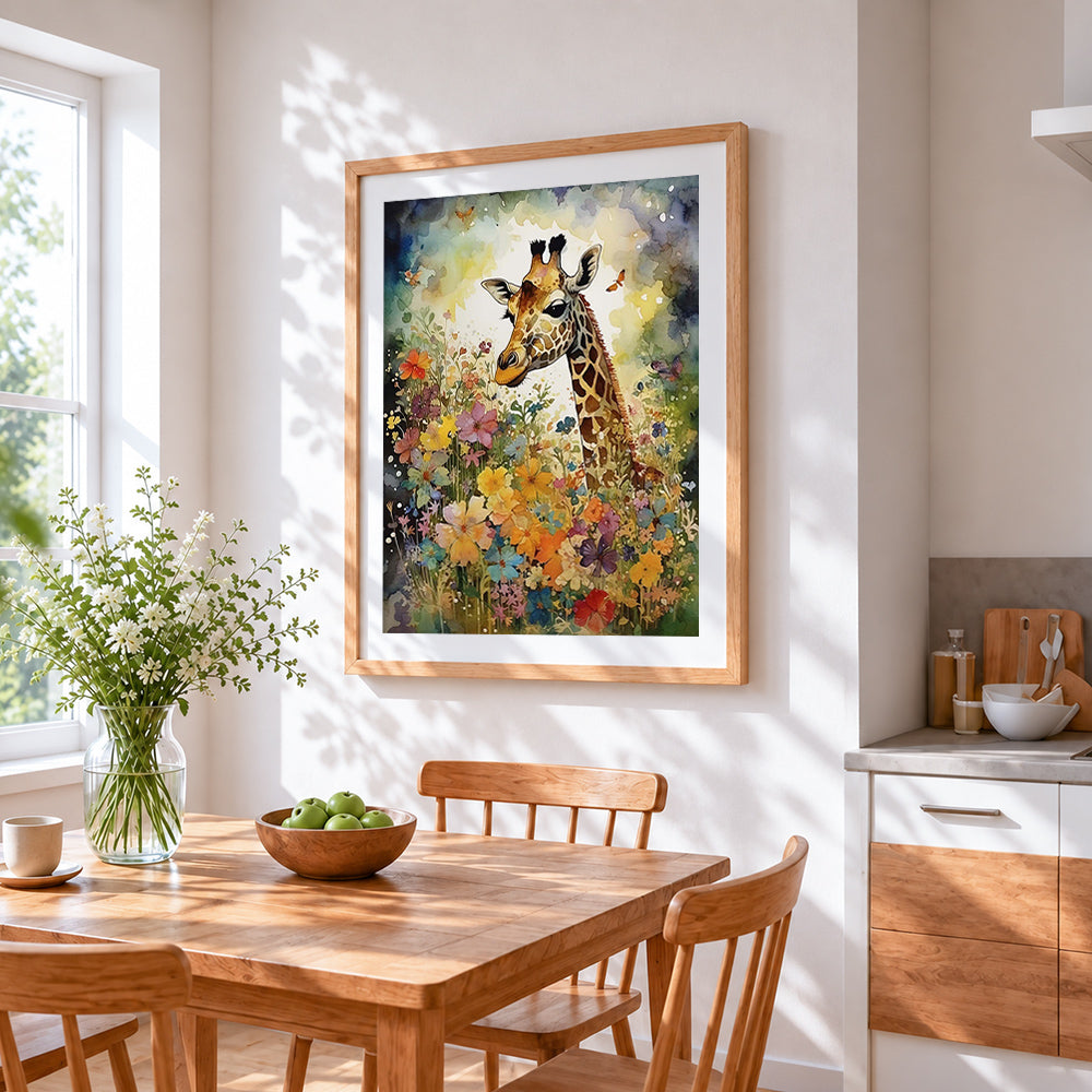 Giraffe in a colourful floral garden cross stitch artwork displayed on wall as home decor