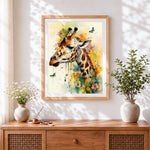 Finished giraffe in a wildflower meadow cross stitch artwork displayed