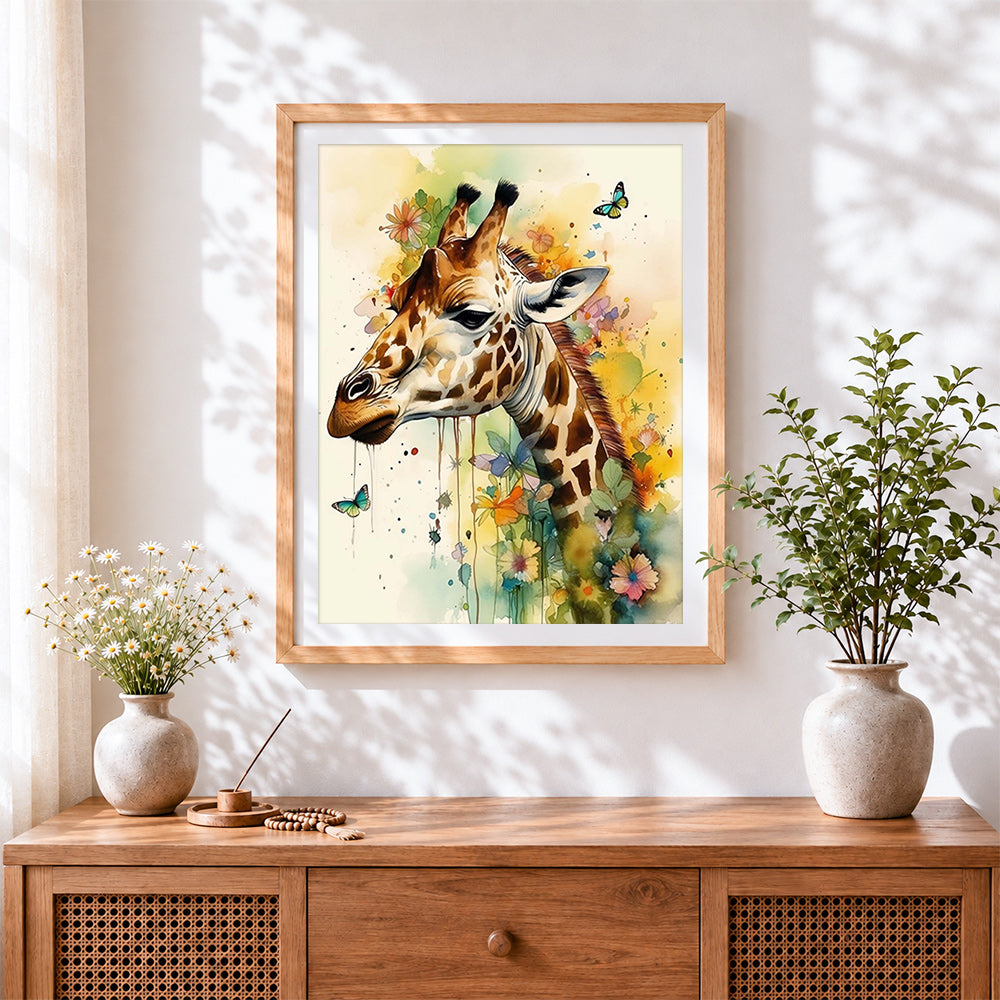 Finished giraffe in a wildflower meadow cross stitch artwork displayed