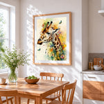 Giraffe in a wildflower meadow cross stitch artwork displayed on wall as home decor