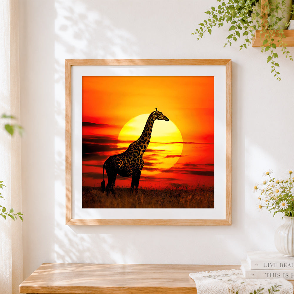 Finished giraffe silhouette at sunset cross stitch artwork displayed