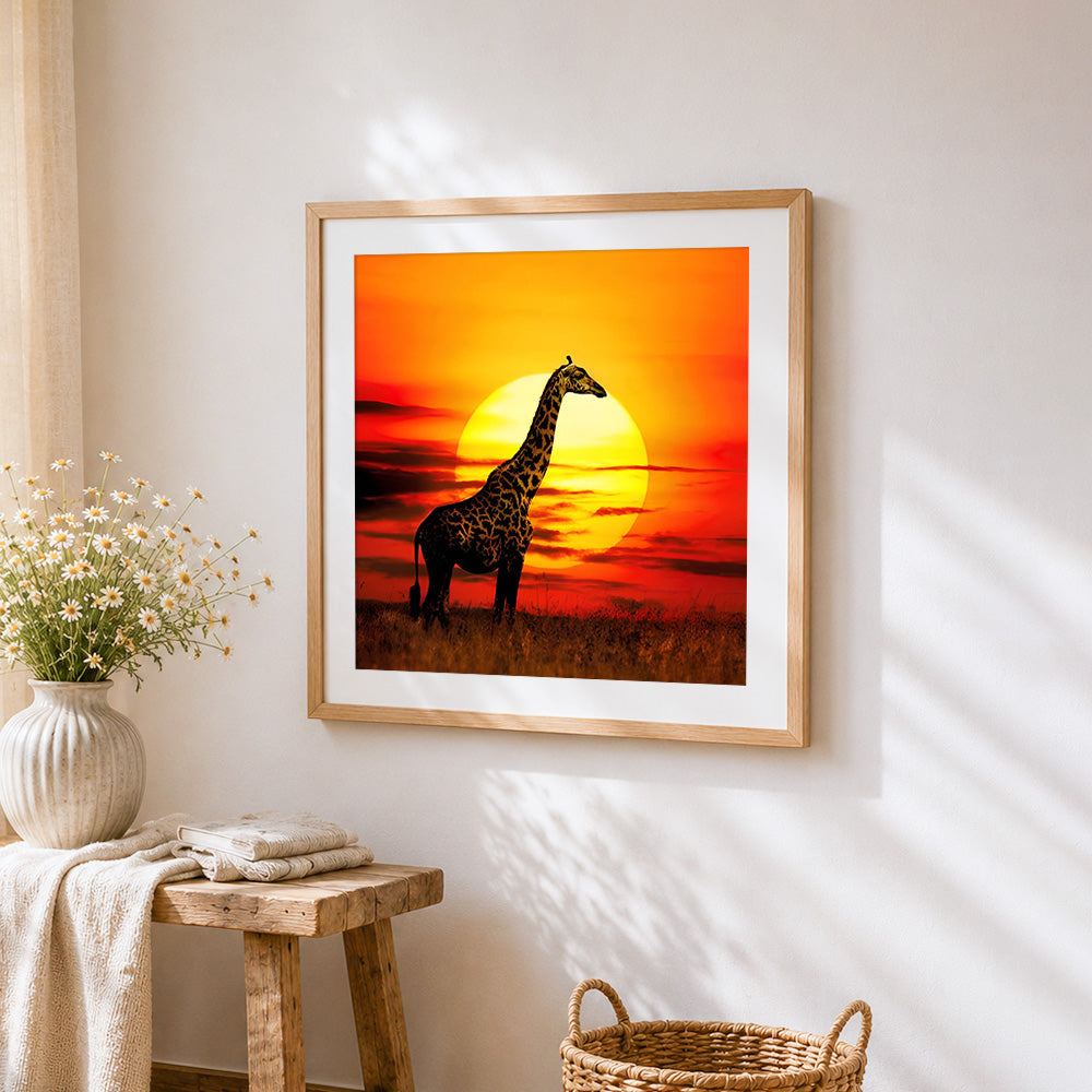 Giraffe silhouette at sunset cross stitch artwork displayed on wall as home decor