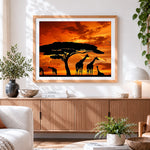 Finished giraffe silhouettes at sunset paint by numbers artwork displayed as home decor