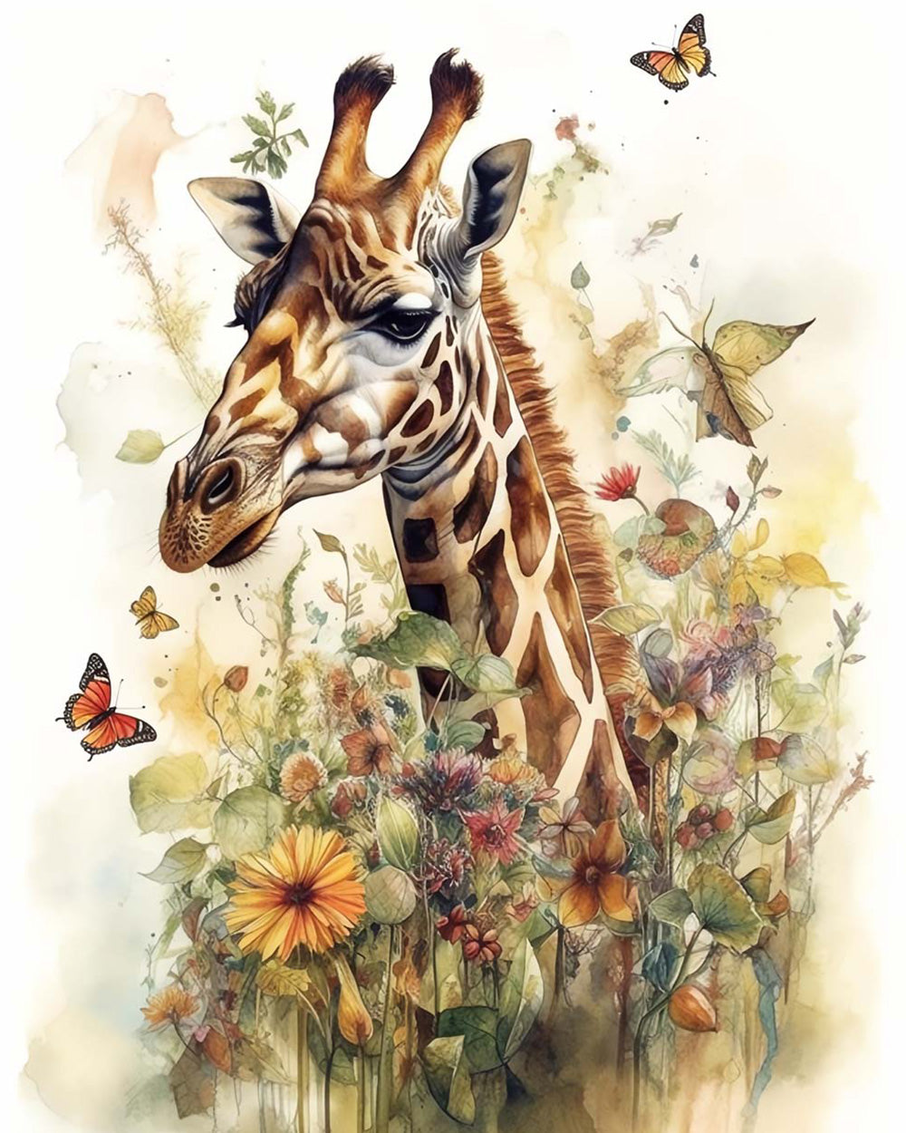 Giraffe surrounded by flowers and butterflies cross stitch kit for beginners