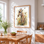 Giraffe surrounded by flowers and butterflies cross stitch artwork displayed on wall as home decor