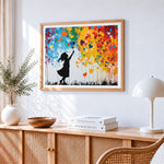 Girl and colourful hearts graffiti cross stitch artwork displayed on wall as home decor