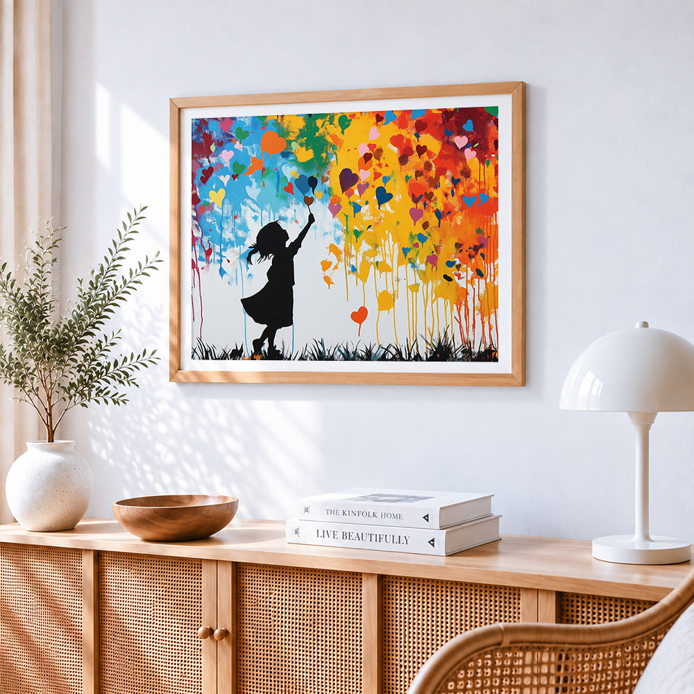 Girl and colourful hearts graffiti cross stitch artwork displayed on wall as home decor