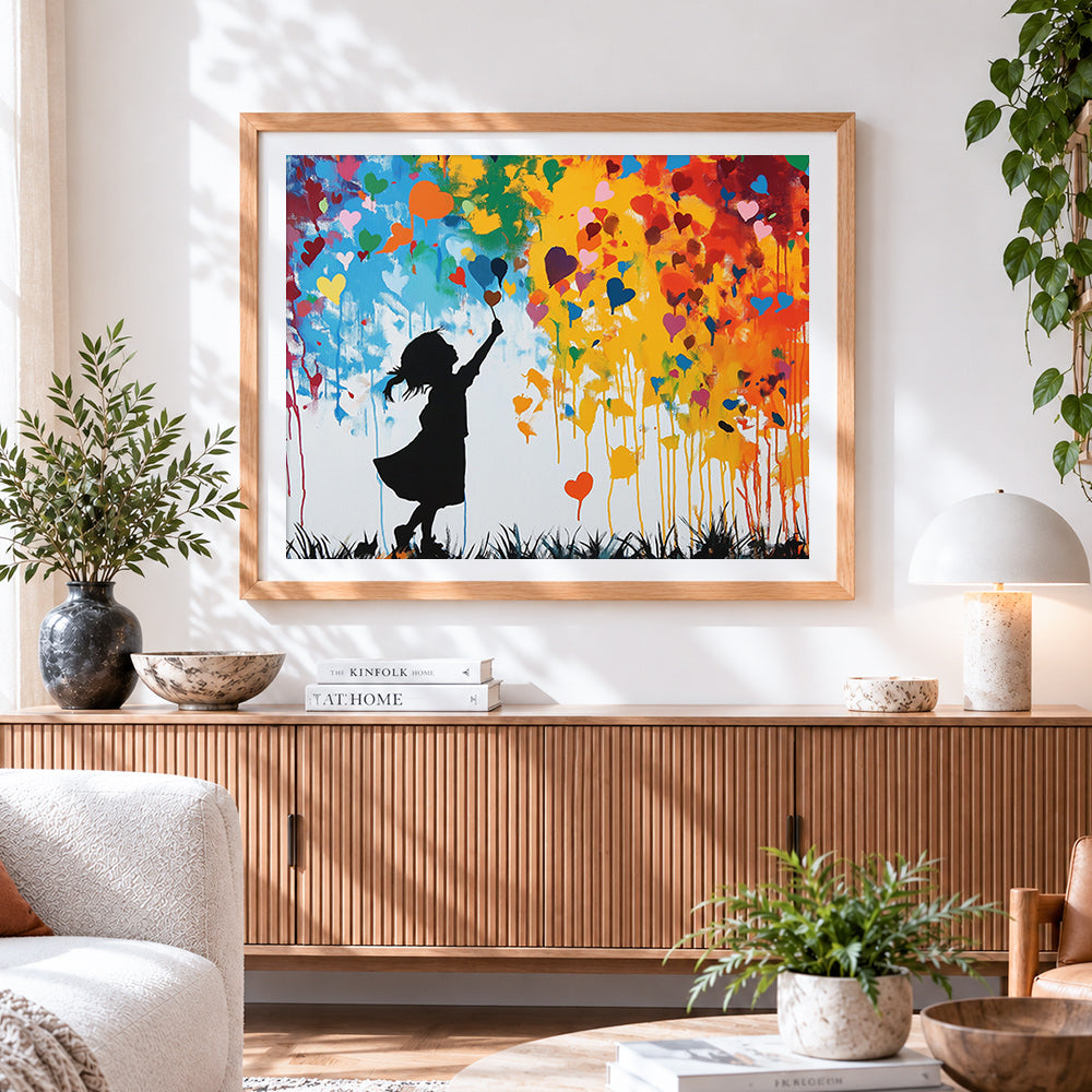 Finished girl and colourful hearts graffiti paint by numbers artwork displayed as home decor