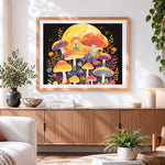 Finished girl and toadstools under the full moon cross stitch artwork displayed