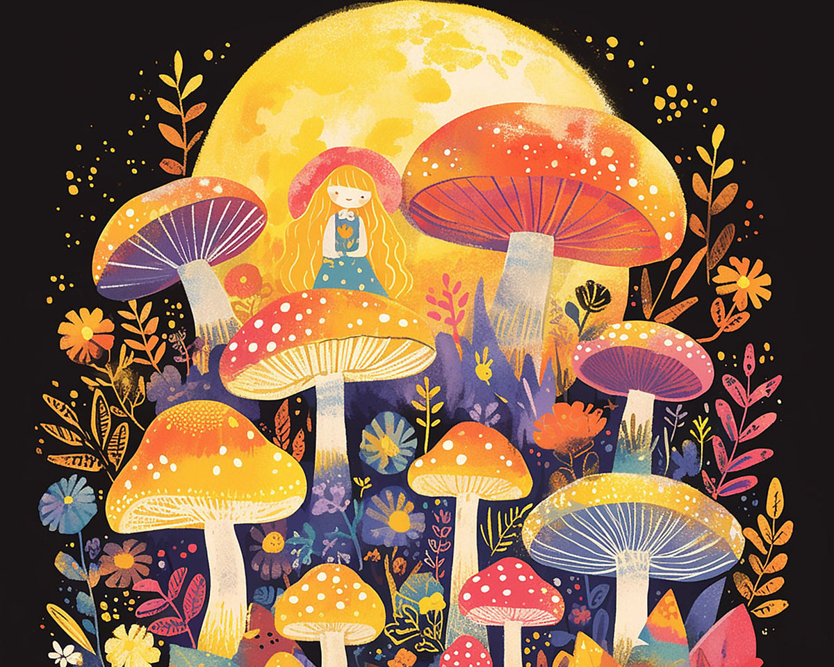 Girl and toadstools under the full moon cross stitch kit for beginners