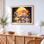 Girl and toadstools under the full moon cross stitch artwork displayed on wall as home decor