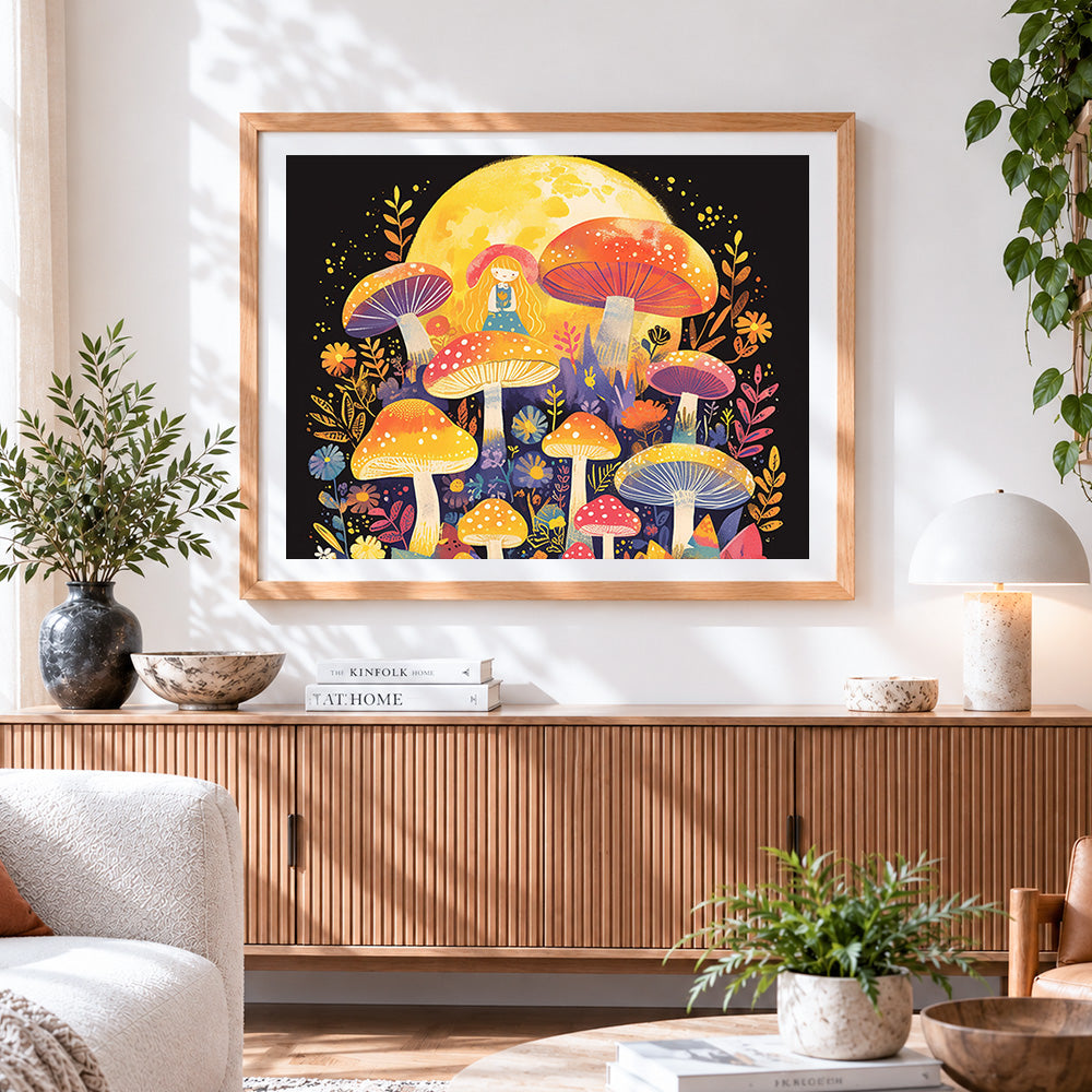 Finished girl and toadstools under the full moon paint by numbers artwork displayed as home decor