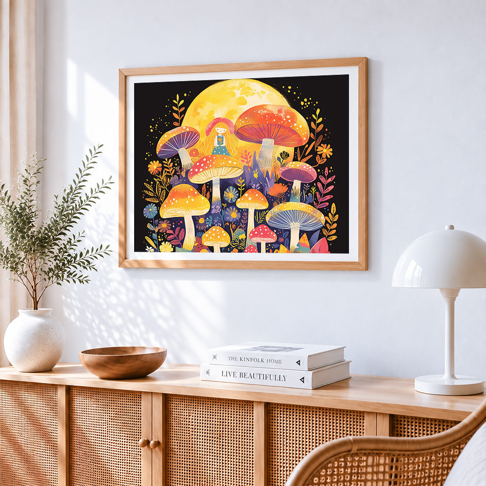 Girl and toadstools under the full moon paint by numbers artwork displayed on wall as home decor