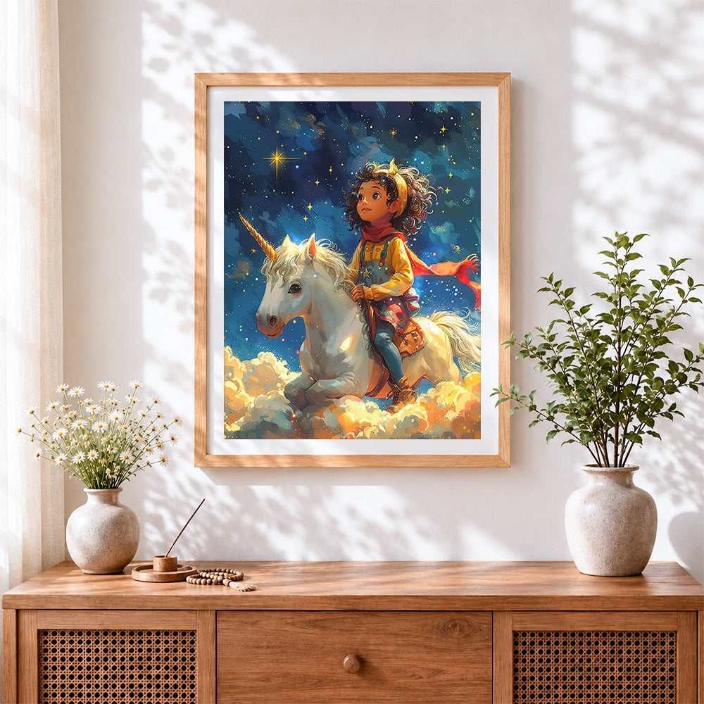 Finished girl and white unicorn under starry sky cross stitch artwork displayed