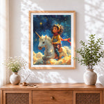 Finished girl and white unicorn under starry sky cross stitch artwork displayed