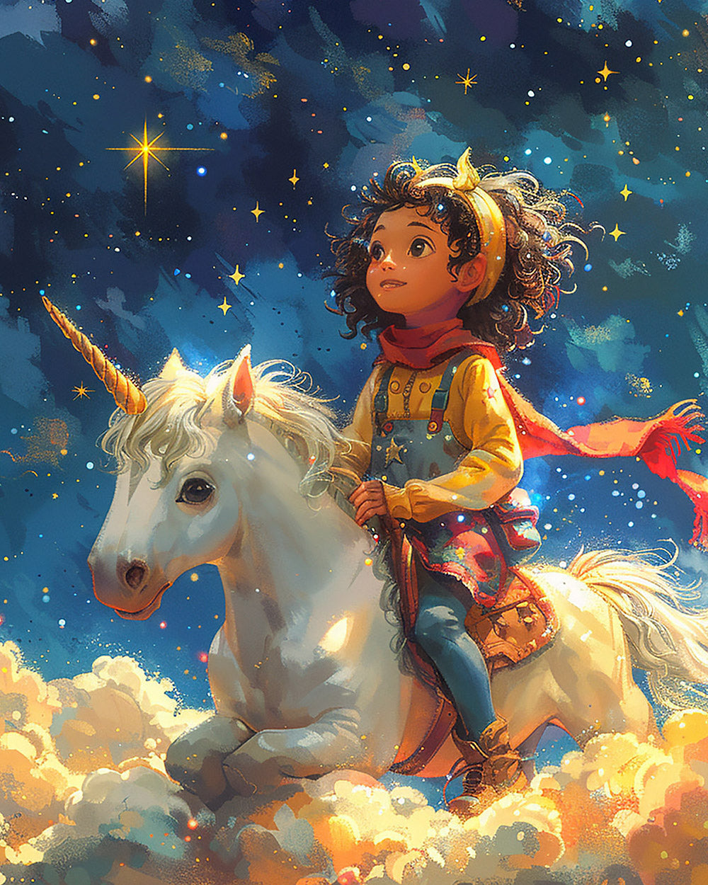 Girl and white unicorn under starry sky cross stitch kit for beginners