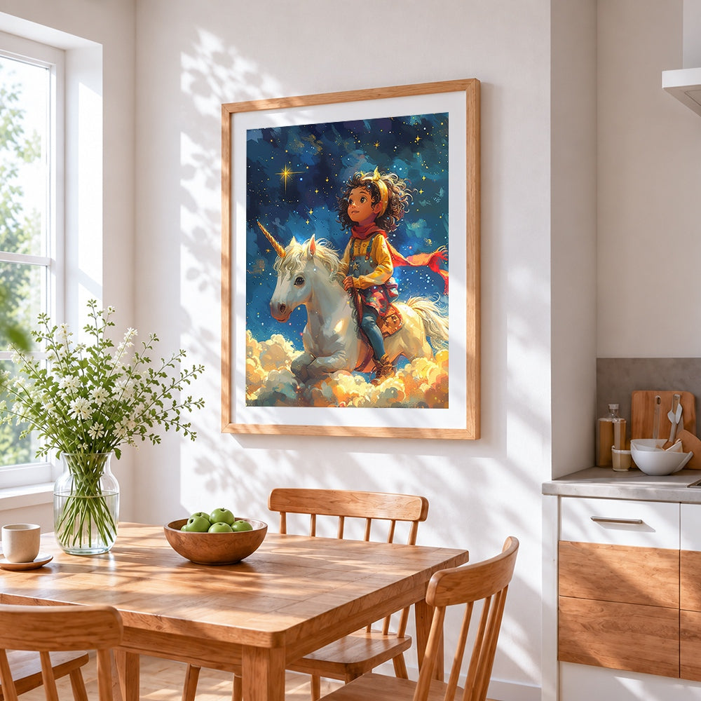 Girl and white unicorn under starry sky cross stitch artwork displayed on wall as home decor