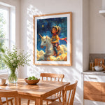 Girl and white unicorn under starry sky cross stitch artwork displayed on wall as home decor