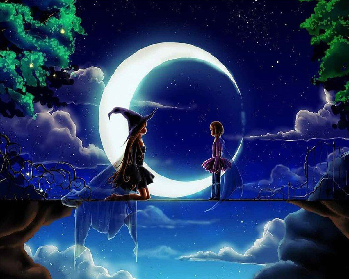 Girl and witch on a crescent moon paint by numbers kit for beginners