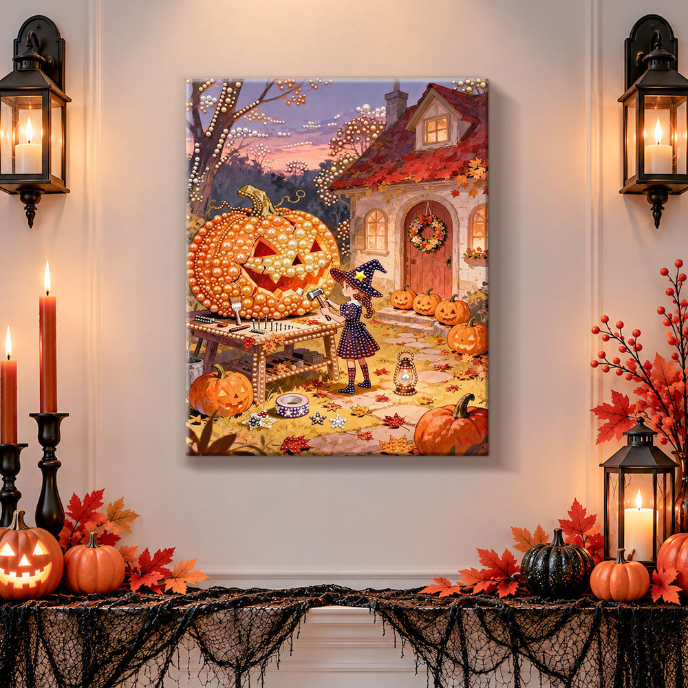 Pearl Diamond Painting Kit - Girl Carving Giant Pumpkin