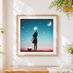 Finished girl catching stars cross stitch artwork displayed
