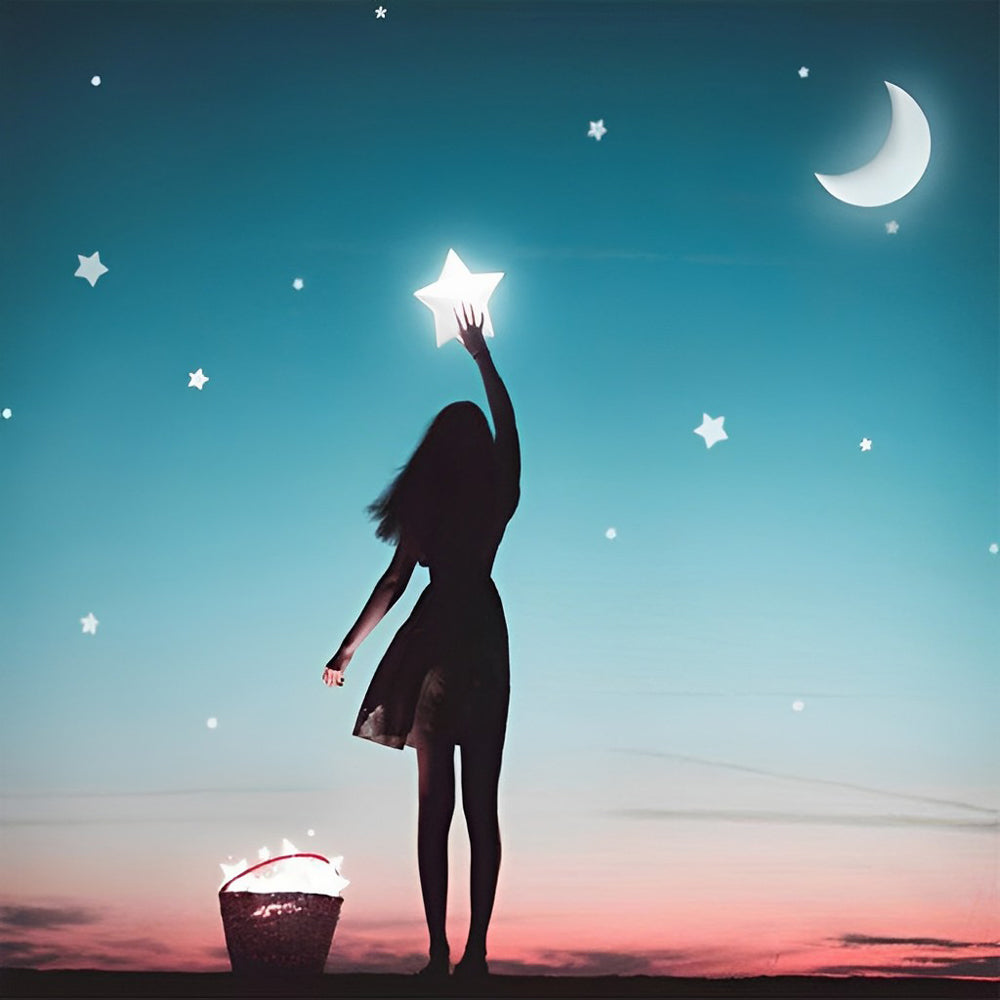 Girl catching stars cross stitch kit for beginners