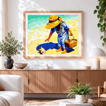 Finished girl collecting seashells on the beach paint by numbers artwork displayed as home decor