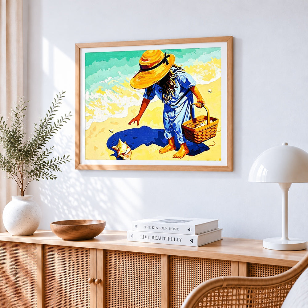 Girl collecting seashells on the beach paint by numbers artwork displayed on wall as home decor