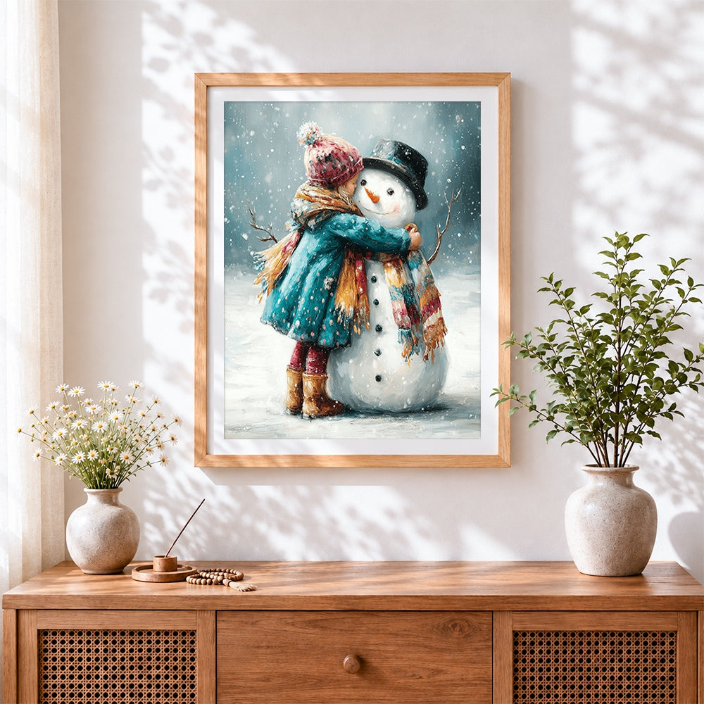 Finished girl hugging a snowman cross stitch artwork displayed