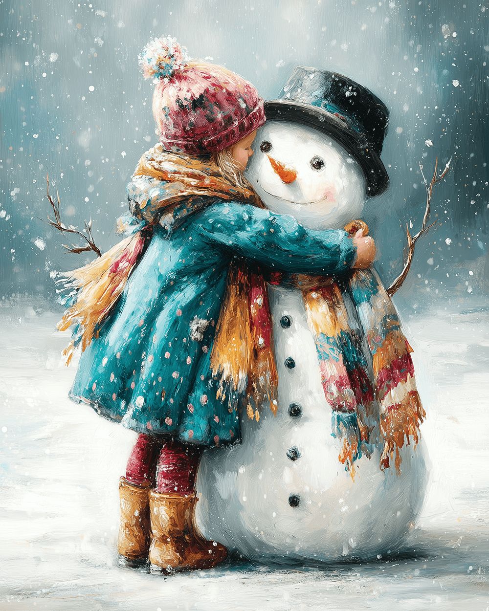 Girl hugging a snowman cross stitch kit for beginners