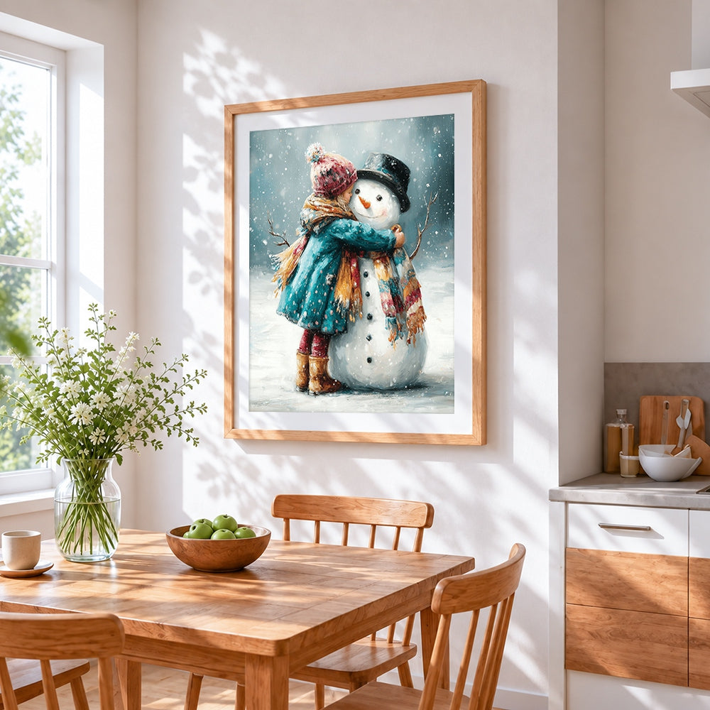 Girl hugging a snowman cross stitch artwork displayed on wall as home decor