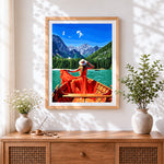 Finished girl in a red dress on a lake cross stitch artwork displayed