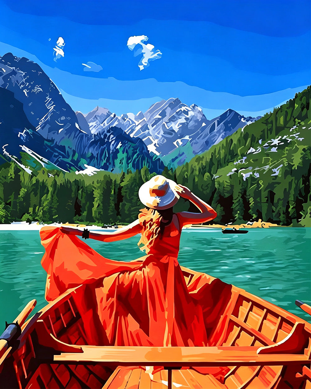 Girl in a red dress on a lake cross stitch kit for beginners
