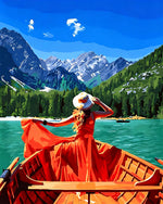 Girl in a red dress on a lake cross stitch kit for beginners