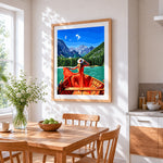 Girl in a red dress on a lake cross stitch artwork displayed on wall as home decor