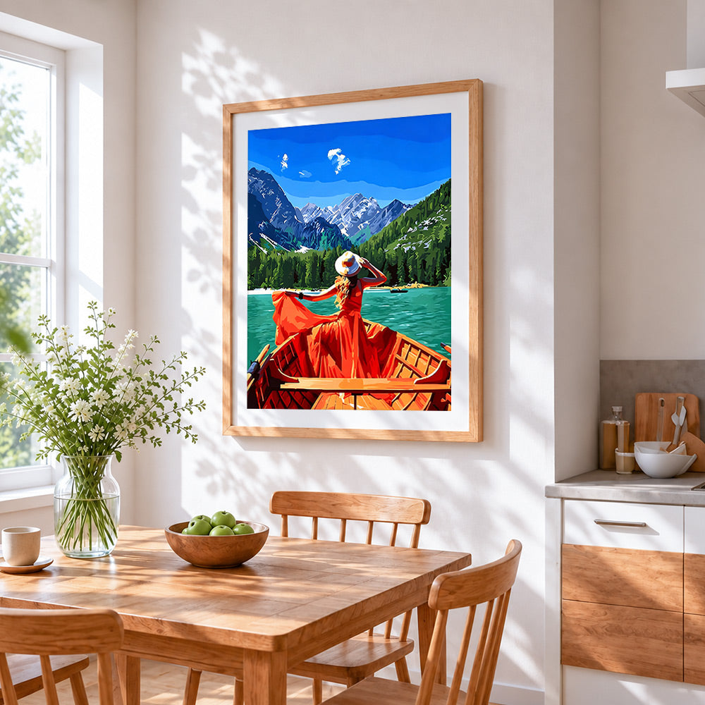 Girl in a red dress on a lake cross stitch artwork displayed on wall as home decor