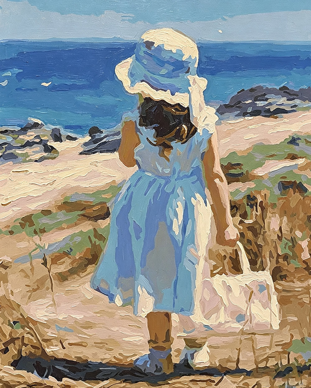 Girl in blue dress by the sea cross stitch kit for beginners