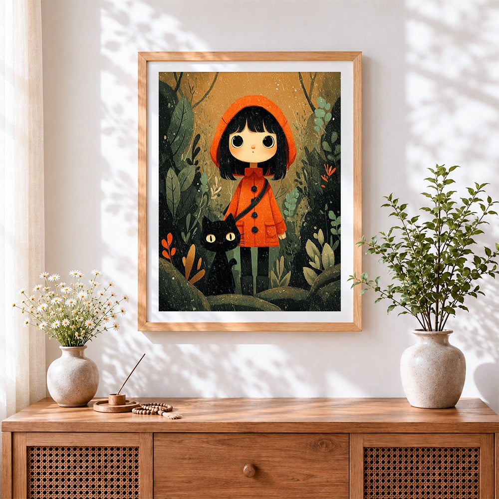 Finished girl in orange hood and black cat cross stitch artwork displayed