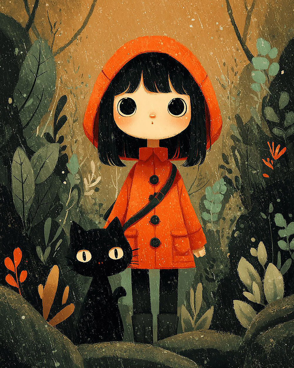 Girl in orange hood and black cat cross stitch kit for beginners