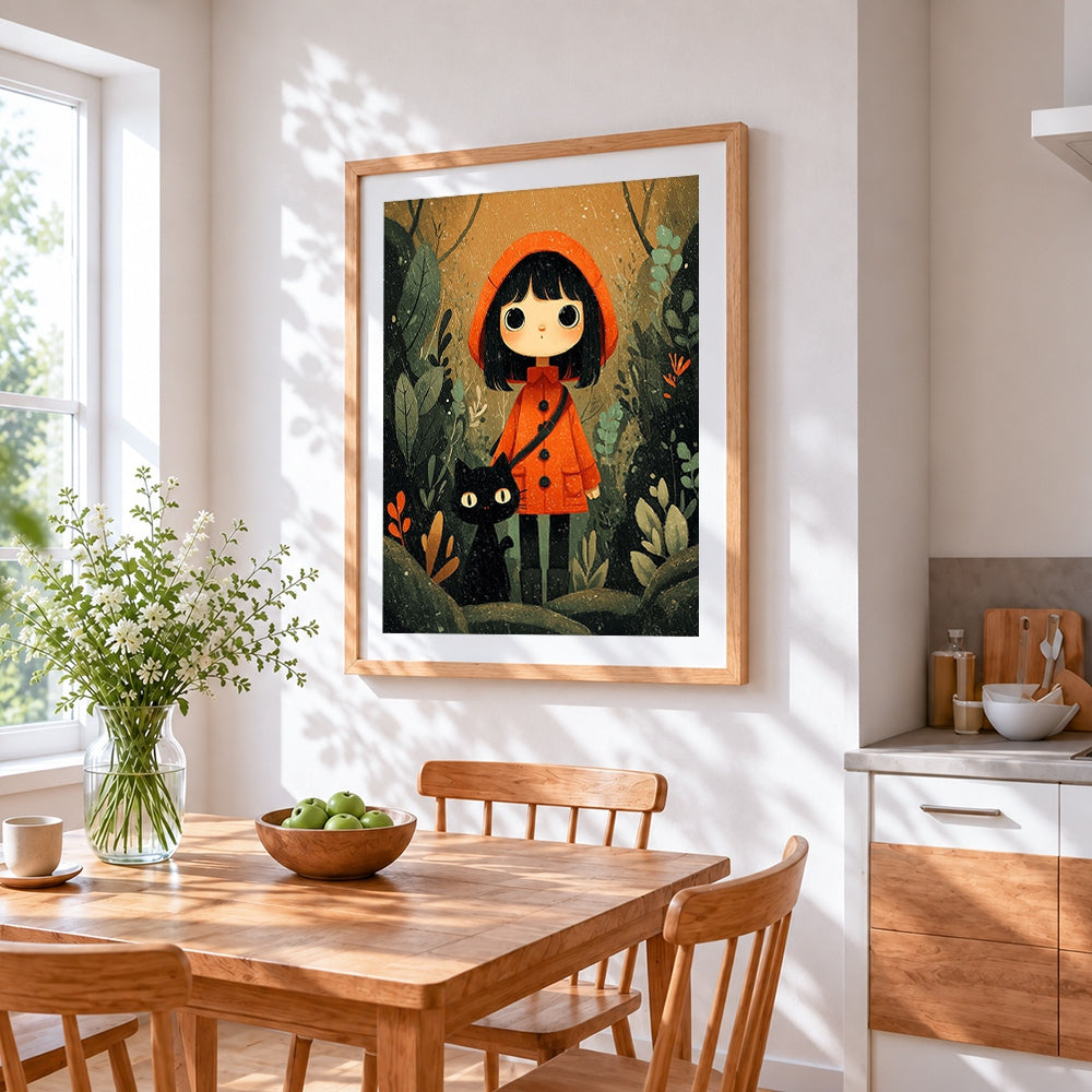 Girl in orange hood and black cat cross stitch artwork displayed on wall as home decor
