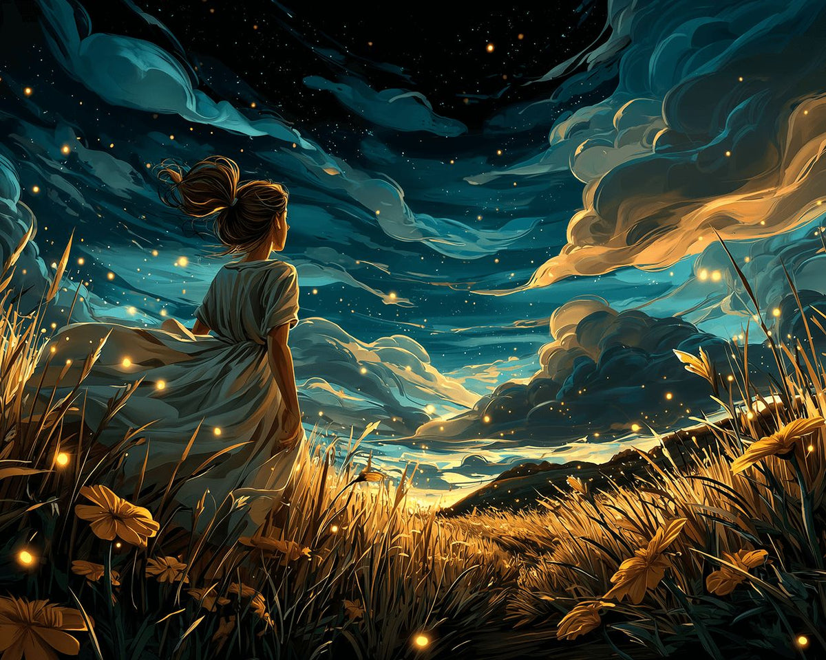 Girl in starry wheat field cross stitch kit for beginners