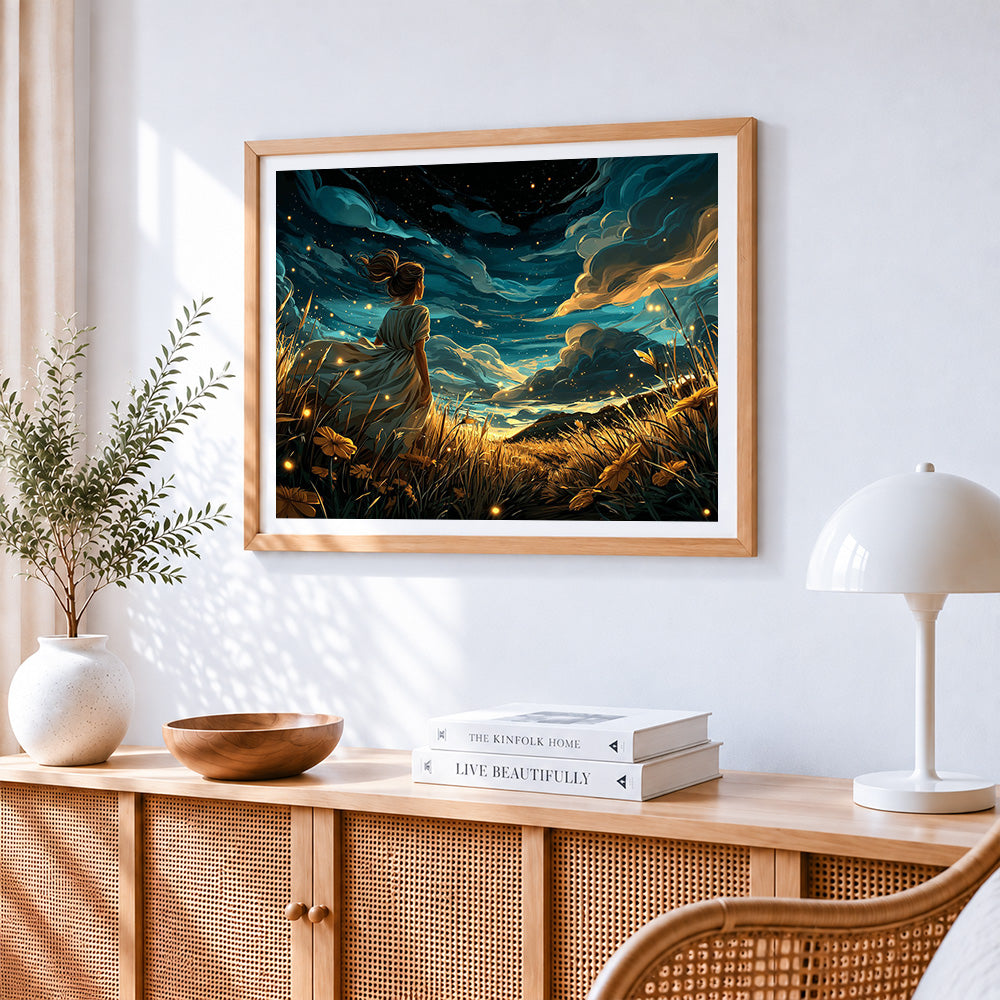 Girl in starry wheat field paint by numbers artwork displayed on wall as home decor
